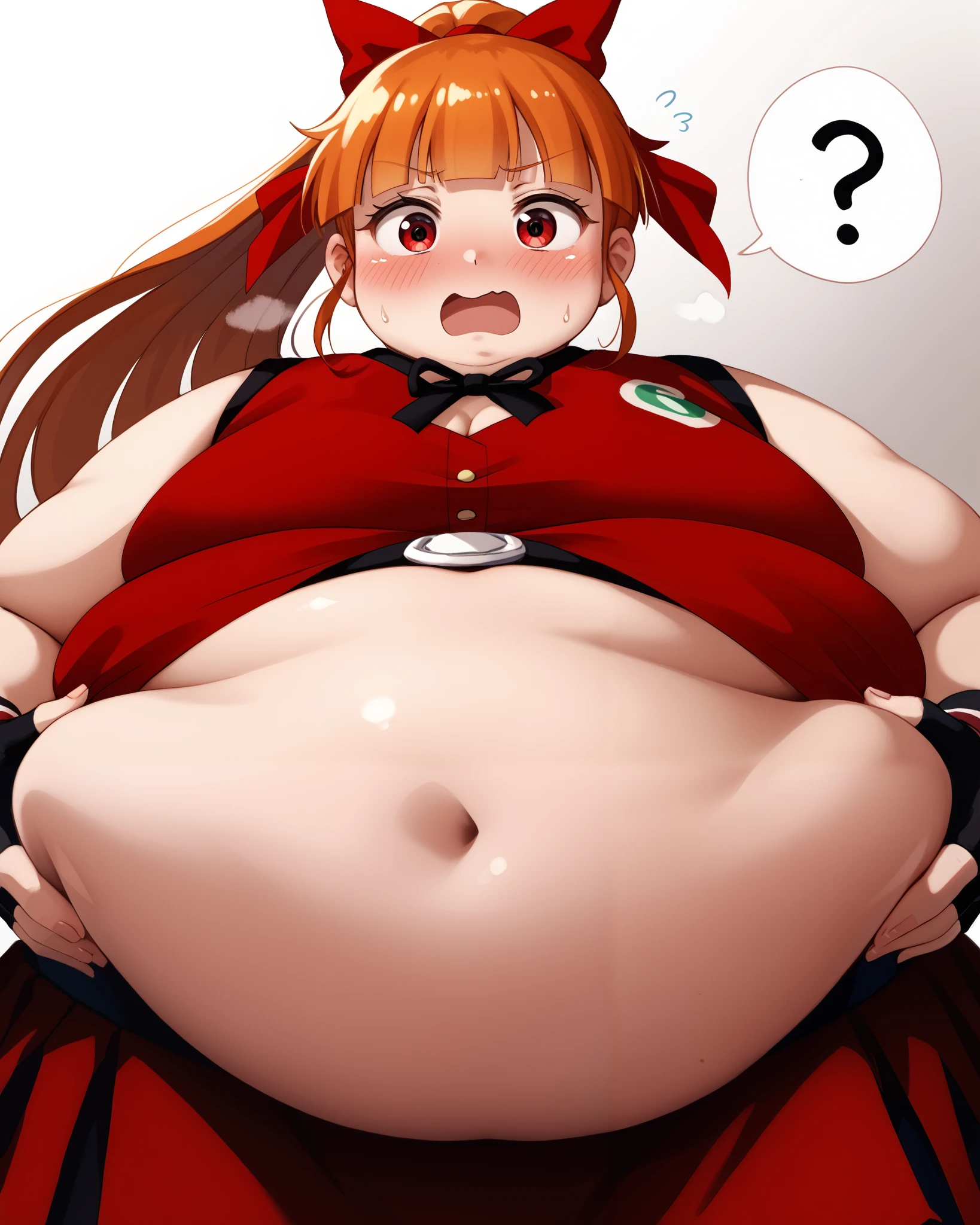 score_9, score_8_up, score_7_up,
akazutsumi momoko, 1girl,solo,long hair,red eyes,blunt bangs,orange hair, ponytail,red bow, fingerless gloves, skirt, belt, red vest, ,bulging belly, fat, chubby, obese, open mouth, out of breath, absurdres, highres icon, rating:General, confused, blush, spoken question mark, {flustered}, nervous sweating, portrait, pov hands, hand on another's belly, averting eyes, [looking away], straight-on, from below, swollen face, masterpiece, best quality, ultra-detailed, high resolution, 8K, absurdres, highres icon,
