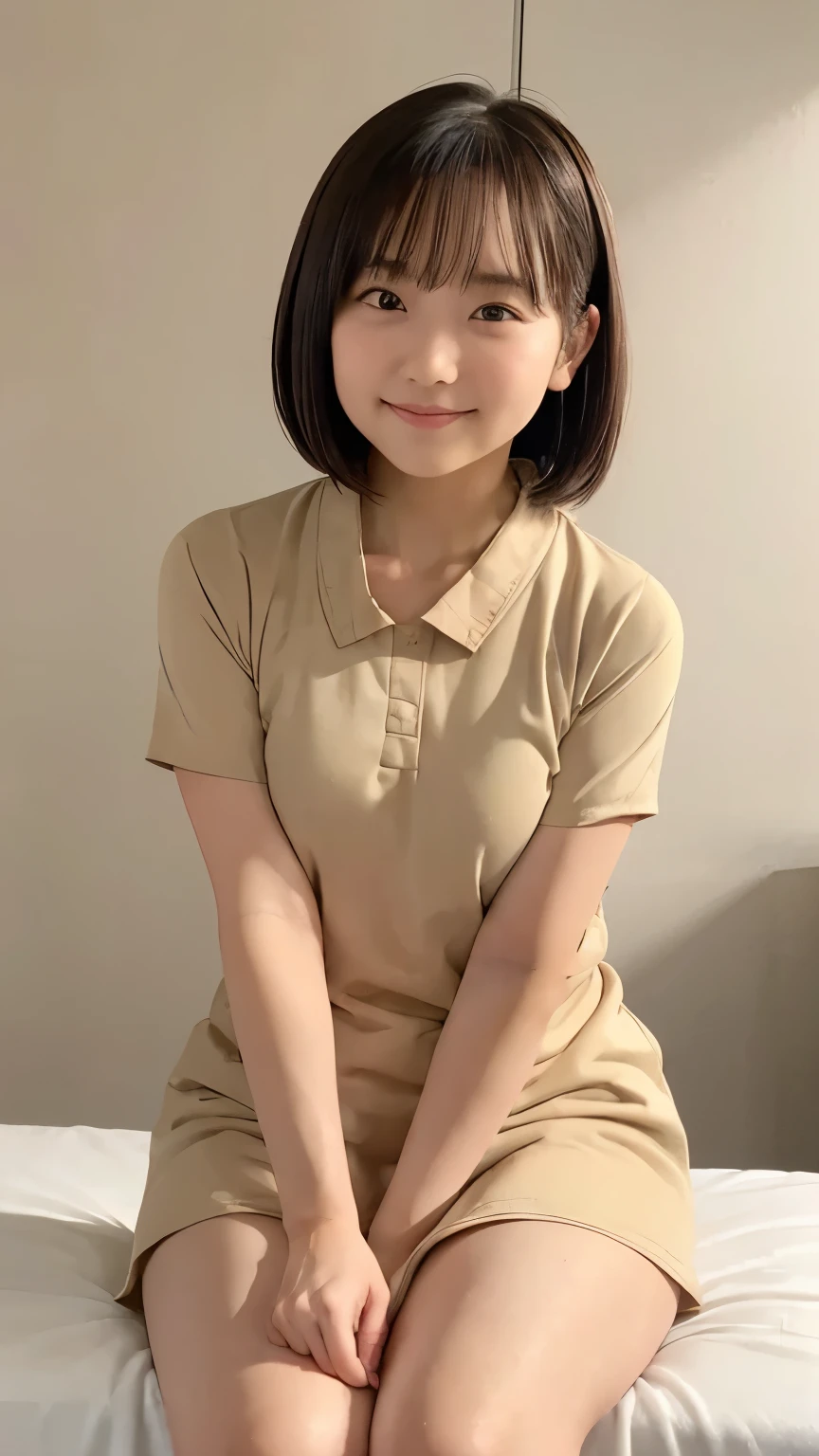 1 girl, diminutive, (( small breasts)), leaning forward, slouching forward, standing by bed, her hands are on the bed , height 155 cm , Adolescence,Juvenile , massage parlor ,Front View, (( Yokohama therapist girl )),((very tight key-neck-tunic one-piece therapist uniform with beige collar and mocha colored body,nipple through)), ((Brown towel-bed-sheet )) , smile ,, cute face, looks affectionate , (()),Droopy eyes, hazel eyes ,Medium body,Wide pelvis, Look Away,Thick legs, short bob hair,4K,8k, super detailed face ,professional lighting, natural makeup