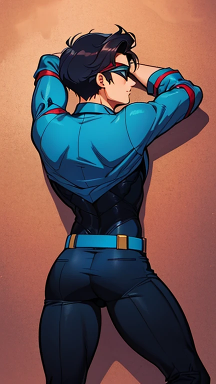 (  best quality  ), (  best quality  ), (Overall view) Back Alley, Attractive young young man 18 years old,nightwing costume, Nightwing eye mask height 190 cm, Sensual appearance,  Crotch Bulge 
