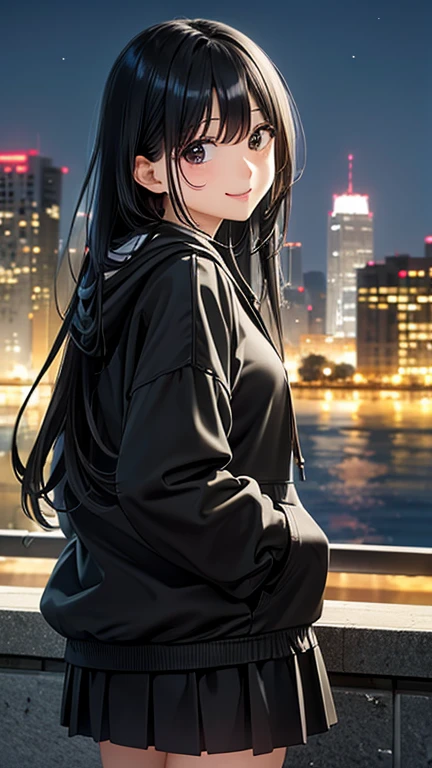 1girl, female_solo, mature black woman, long brunette ponytail, ,medium_breasts, brown_eyes, slim_figure, lipstick, av idol, Drawstring Hoodie Ruched Dress, Casual Long Sleeve Dress, pier at night, hands on rail, Enhance, by the pier, back turned 