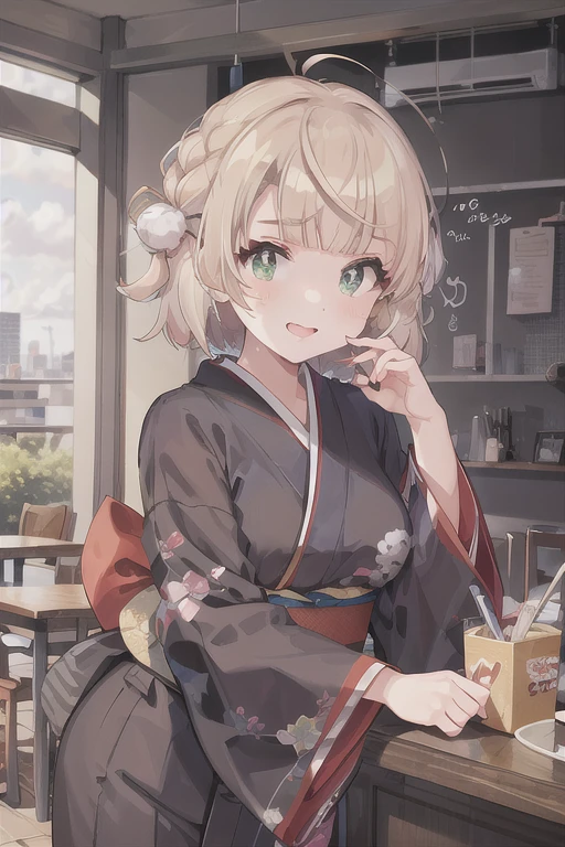 (masterpiece, best quality, highres, absurdres, best illumination, illustration, bright pupils,  finely detailed beautiful eyes, disheveled hair),   lighting on face, shiny_face, best_lighting, front_lighting,  ((colorful theme)),  dutch angle, white wall,  arms down, city,  cherry blossoms, from bottom, outdoors,  1girl, cityscape,
shigure ui \(vtuber\),  pom_pom_hair_rings, smirk, Japanese clothes, kimono, furisode, medium_breasts, full_body, short_hair,  floral print, portrait