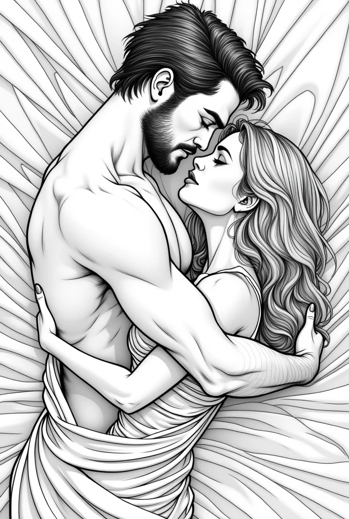 Create a digital drawing/painting in the realistic and detailed style depicting a passionate moment between a man and a beautiful woman. Capture the intensity and sensuality as the man gently squeezes the woman's breasts. Use shadowing and texture to bring the scene to life, highlighting the contours of their bodies and conveying their desire.
