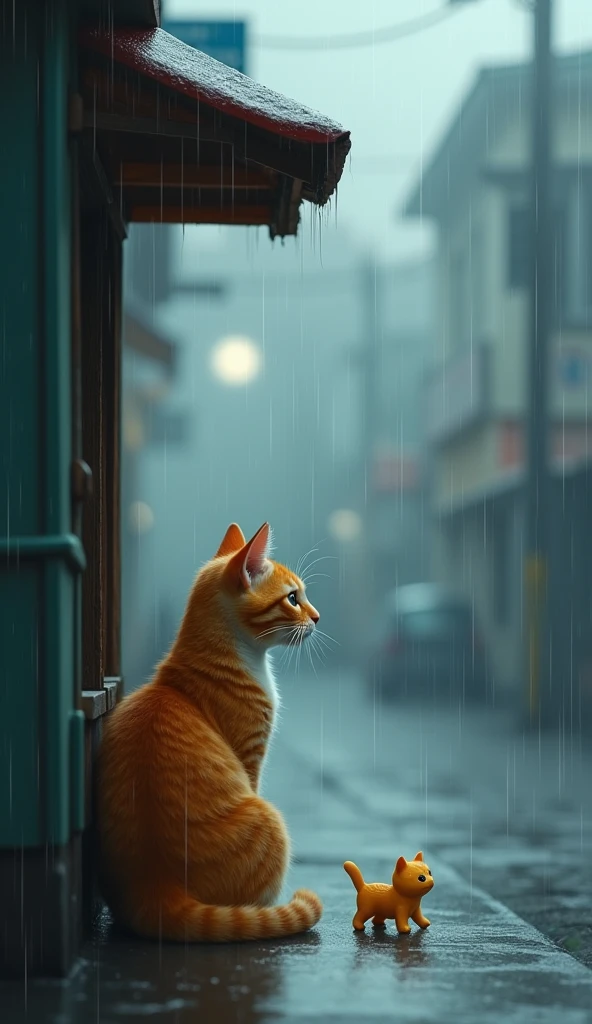 A scene in the rain, with the orange tabby cat sitting under a small awning for shelter. The cat looks out at the rainy street, its fur slightly damp. A small kitten toy lies nearby, hinting at the kitten’s absence. The atmosphere is somber, with muted grays and blues