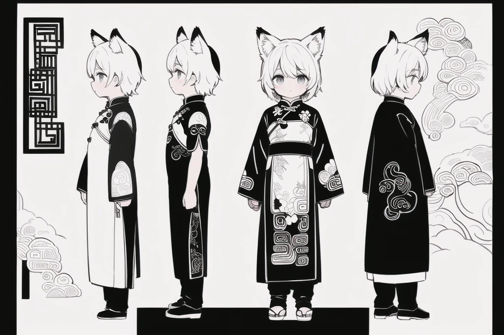 ((( black and white,Embroidered Chinese clothing))),((Chinese Style,Wolf Ears , standing picture of a boy standing in front, back, left, right, and right)),（solo,Werewolf Boy model sheet, Characters in the same costume are drawn from a front, back, left, left, right angle), 