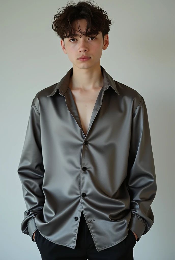 GU's easy care sheer oversized(black、Long sleeve)Handsome Japanese male college student wearing。Her hairstyle is a blonde mash、I'd like a cafe in the background.。