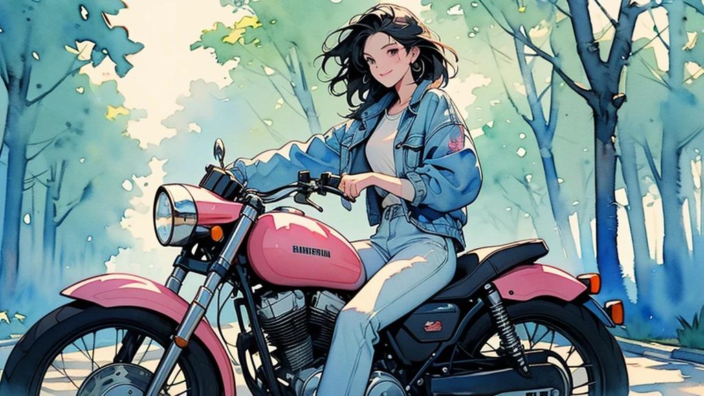 Top Quality, Masterpiece, High Resolution, Two Beautiful Girls, Black Long Hair, Forehead, Brown Hair Shortcut, Fluttering Hair, Travel, Motorcycle, Touring, Two Seater, Smile, Two Bikes, SR400, Serro 250, Horizon, Continent, Country Road, Flight Jacket, Rider's Jacket, Hood, Goggles, Helmet, Hot Pants, Mini Skirt, Knee Thin Guard, Boots, Sunny Weather, Blue Sky、