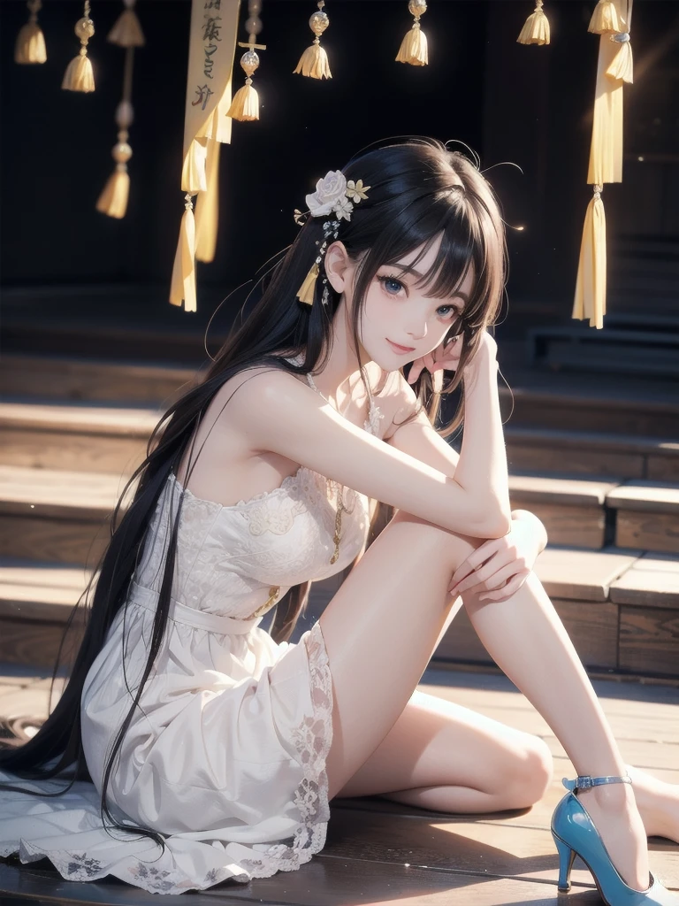 There is a photo, full body photo, real person, sideways photo, the protagonist is a girl, age 25, height 1 meter 70, leg length 1 meter, weight 110 pounds, long hair, larger eyes, full chest, slender legs, wearing a white Chinese cheongsam, chest V-shaped open collar, white pointed toe high heels on the feet, thin thighs and calves, sitting on a step, calves straight forward, do not bend, the two legs are naturally separated --auto --s2