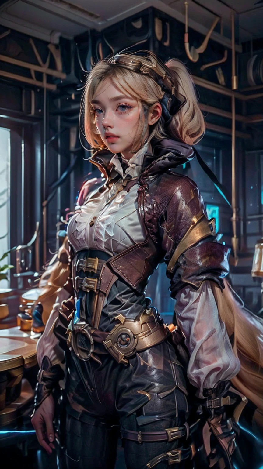 blonde woman, dressed as dieselpunk, モデルphotographスタイル, (Highly detailed CG 8k wallpaper unit), The most beautiful art pictures in the world, majestic professional (photograph：Steve McCurry), 8k uh, Digital single-lens reflex camera, soft lighting, high quality, film grain, Fujifilm XT3 sharp focus, f5.6, high detail, sharp focus, dramatic, (wearing dieselpunk clothes), (looking at the viewer:1.2),  (Natural light), (fascinating)