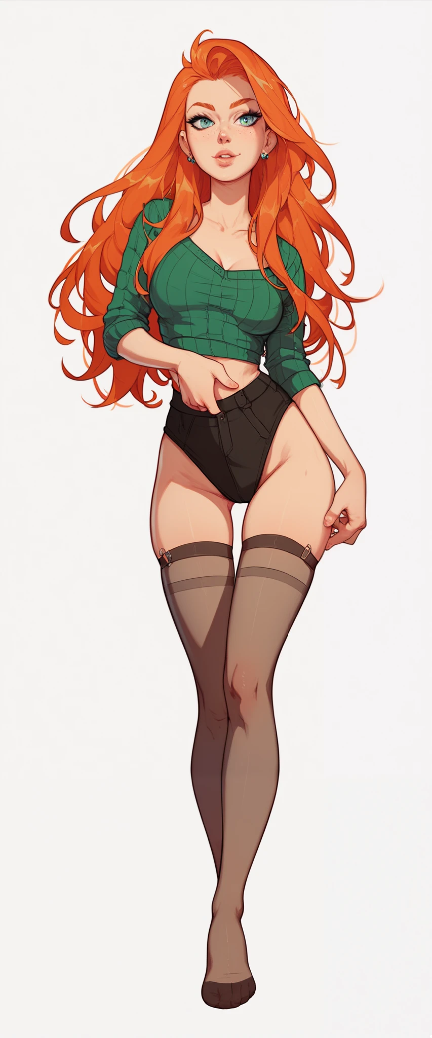 full body, solo, ginger hair, 1girl, long hair, thigh highs, stockings,