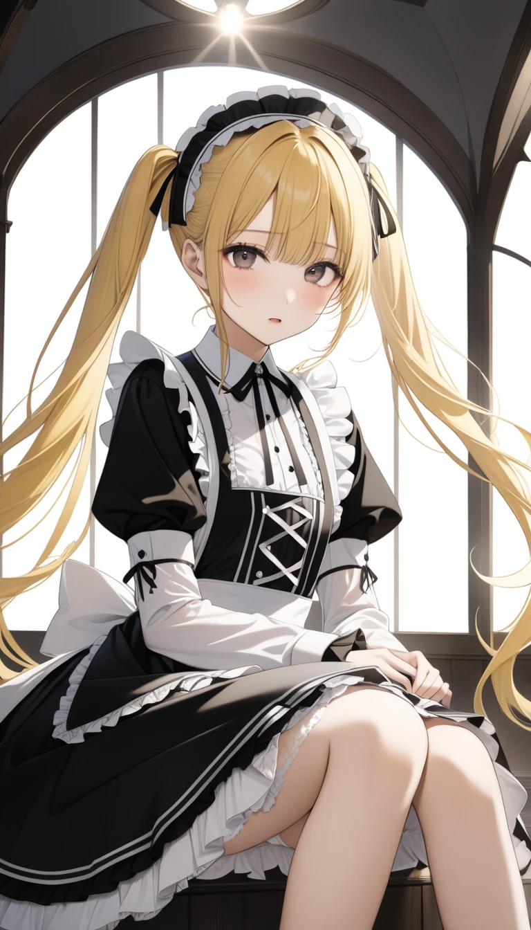 Beautiful girl in maid、(Top quality illustrations:1.2), (pretty girl:1.1), (1 girl、、Top quality illustrations:1.2), (1 girl、Kind eyes、blue eyes:1.2)、Blonde、Semi-long hair、Mature、(Black and white maid costume、White knee-high socks) 、sit、sexy、White background、Simple Background