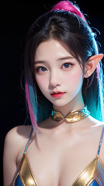 A futuristic unicorn-themed female character with pastel rainbow hair, glowing golden horn, and delicate elf-like ears. She wears a metallic, reflective, and iridescent bikini armor with intricate lattice patterns, accented by golden details. The background features a cosmic, neon-lit aesthetic with soft glowing pink and blue rings, adding a dreamy, fantasy-tech vibe. The character has a confident yet ethereal expression, with soft makeup highlighting her large expressive eyes and glowing skin. The style is highly detailed, realistic, and vibrant.