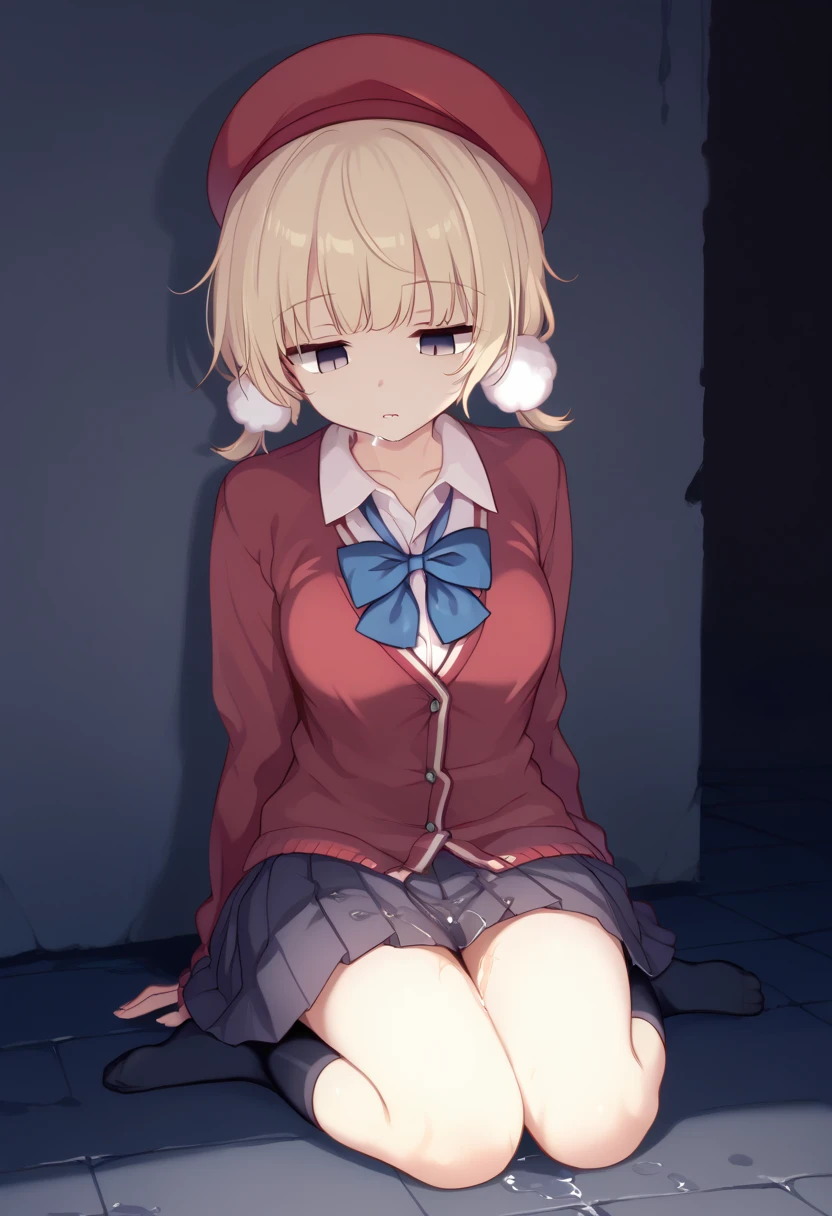 girl , shigure ui, empty eyes, messy hair, Expressionless , drooling, sitting floor, behind the wall, Arms hanging down to the side, wet skirt by pee self,  detail illustration,score_8, score_6, score_7, in blue cave, looking down, shigure_ui, blonde hair, pom pom hair ornament, striped school uniform, red beret, beret, collared shirt, from front,