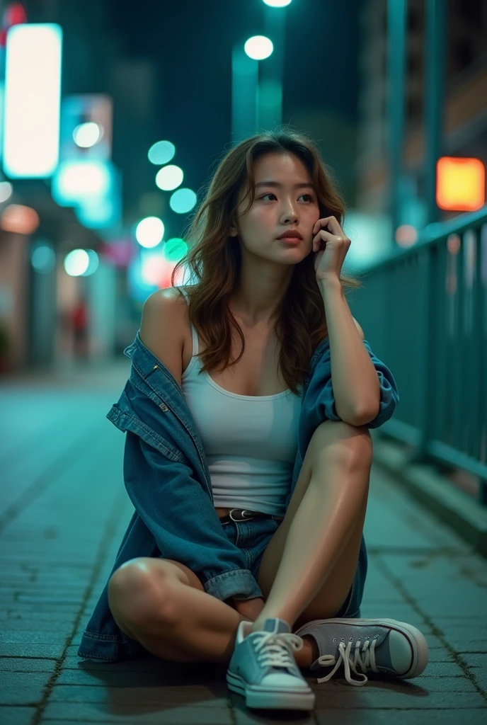 Extreme low angle, full body, (8k, RAW photo, highest quality, masterpiece), High detail RAW color photo, professional close-up photo, (realism, photorealism:1.4), (highest quality), (best shadow), (best illustration), a japanese girl in sexy pose, knees up, long legs, wearing headphone, photogenic style, surreal face with soft skinice perfect face, seductive look, grey blue eyes, girl long green hair with purple highlight style, good hand, perfect hand, proportional body, wearing oversized hoodie, exposed cleavage, bottomless, expose tight, high sock, nike air force shoes, waiting for you, tokyo night, neon, neon pink, neon blue, neon lime green, wet road, water reflection, zoom in, photon mapping