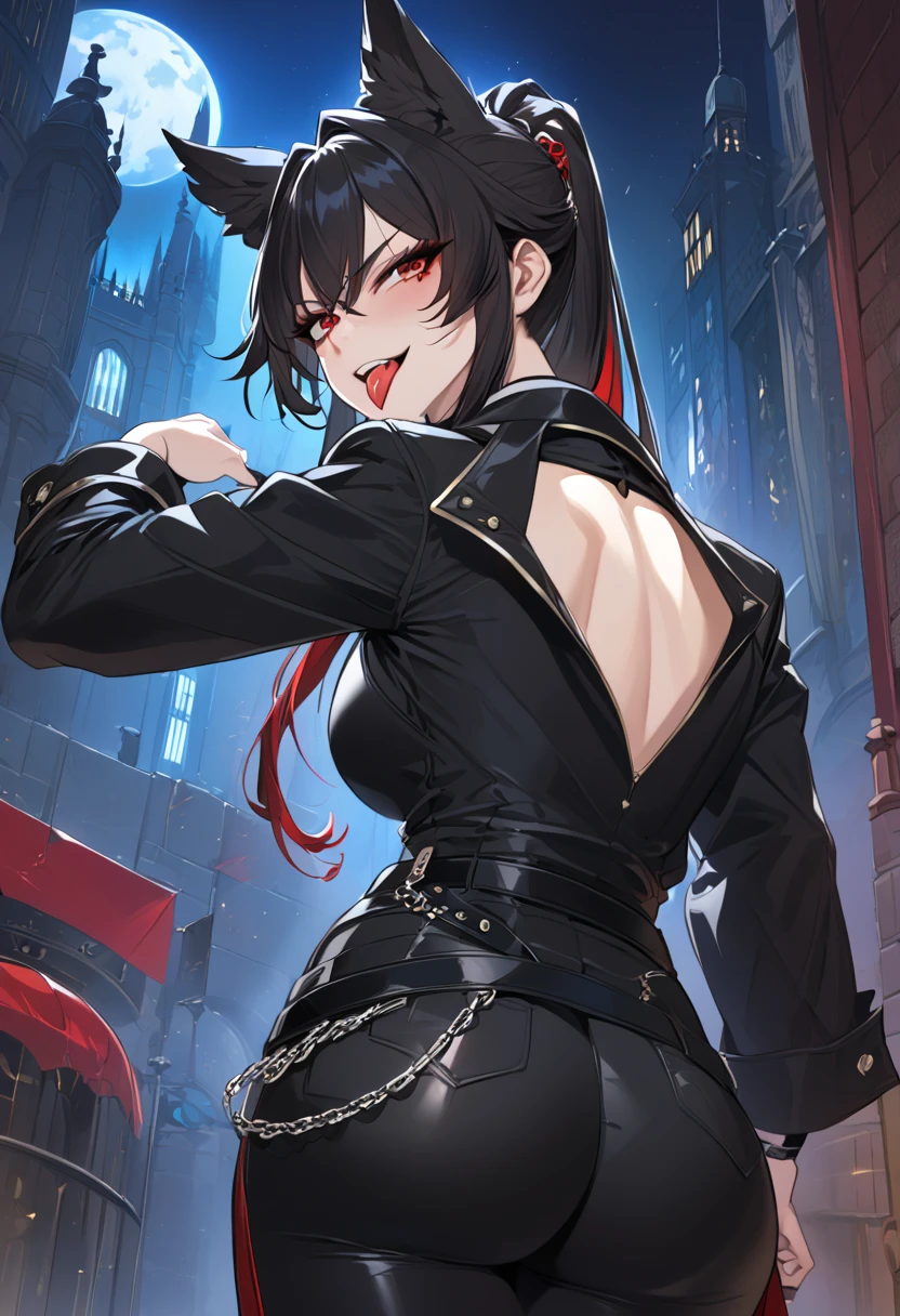 beautiful anime woman wearing a black military trench coat, tight black jeans pants, wolf ears, wolf tail, half wolf and half human, red eye color, black hair in a ponytail, light novel art, detailed anime art, anime, regal, royal, sexy, thicc, beautiful feminine facial features, flirtatious, sultry, slutty, petite, sharp canines, aheago, villain, all black clothing, high quality, very detailed anime art, feminine, slender face, military general vibes, pretty girl, good lighting, red highlights, lewd smile, cute, naughty wolf girl, cross eyed sticking her tongue out like a slut, naughty and silly lewd expression, very horny wolf girl, bad bitch, naughty slut, bad girl, bad bunny, hentai aheago, flaunting her ass pose, looking over her shoulder, back view, from behind shot