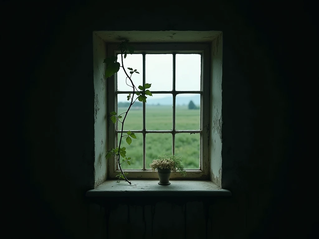 A dimly lit room, with a single window as the sole source of light ...
