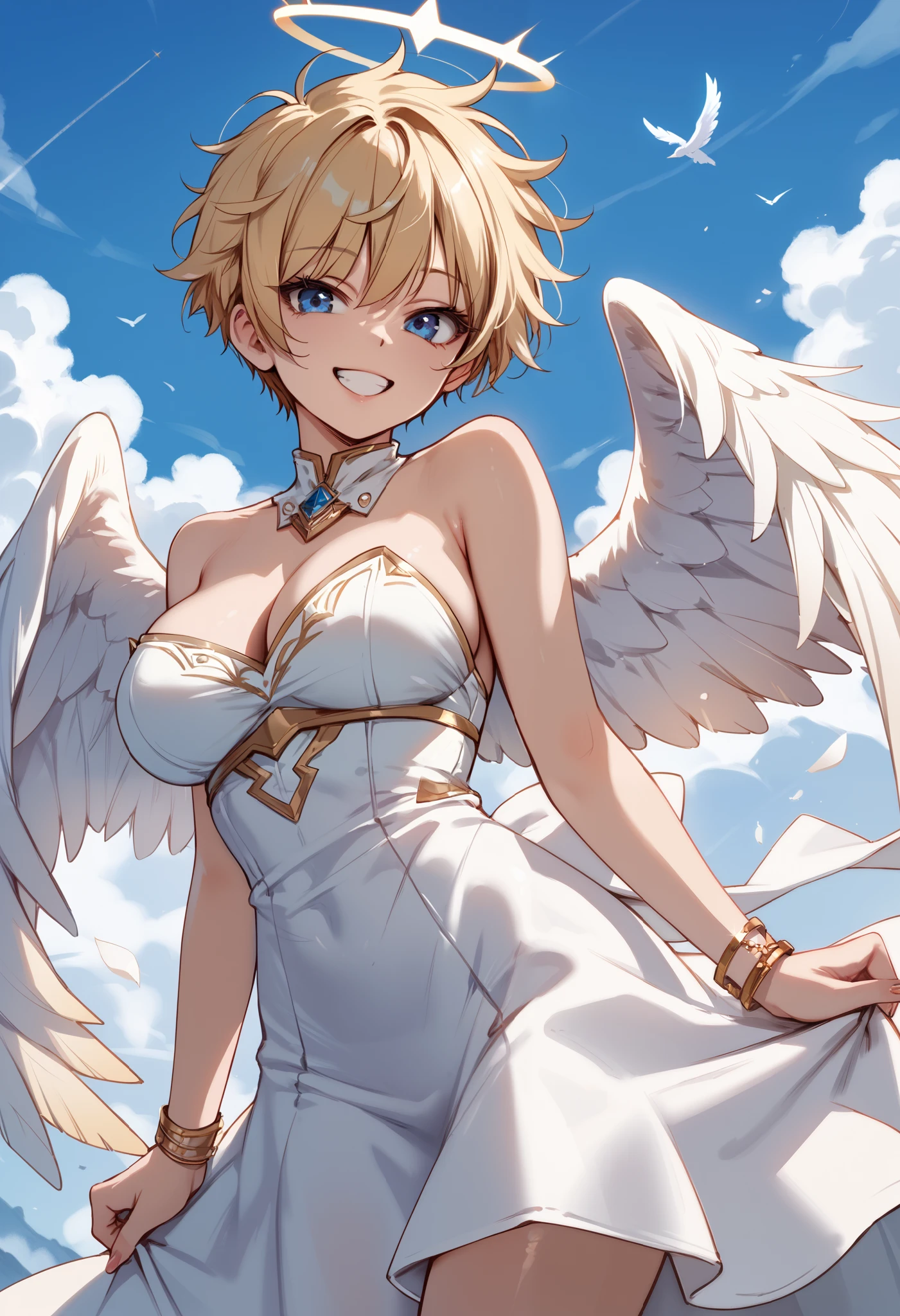 score_9, score_8_up, score_7_up, source_anime, 1girl, solo, tomboy with pixie cut Face masks and beautiful gown BREAK 

Large breasts, blonde hair, pixie hair cut, very short hair, messy hair, blue eyes BREAK 

White dress, angel, feathered wings, gold trim, white wings, halo BREAK 

Opem mouth, smile, looking at viewer, standing, outdoors, background sky, cloudy sky, blue sky BREAK 