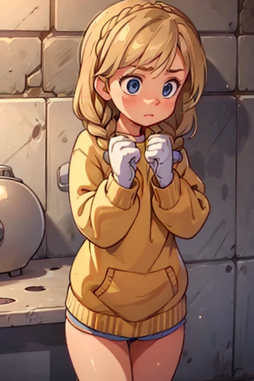 Tennis girl wearing a sweater ,  braided bun hairstyle ,  panties,  wears oven mittens behind her head, Blindfold， widens legs，Urinating，Urine stains， sarcasm ，Stone brick wall background , 

