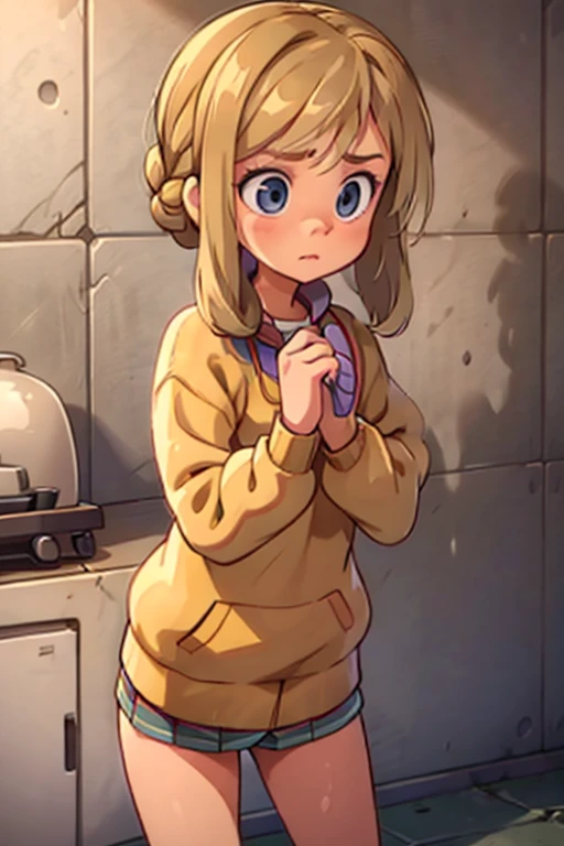 Tennis girl wearing a sweater ,  braided bun hairstyle ,  panties,  wears oven mittens behind her head, Blindfold， widens legs，Urinating，Urine stains， sarcasm ，Stone brick wall background , 

