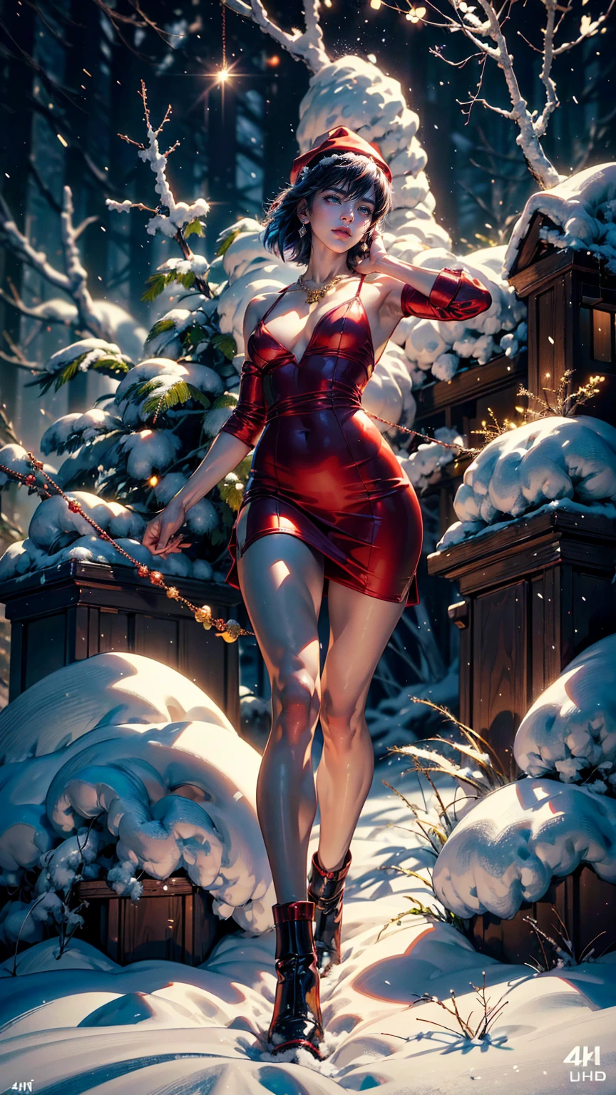 Ghost in the Shell, Motoko Kusanagi, solo, female, standing with bewitching poses, in Christmas season, Photographing Her Full Body, Emphasizing the beautiful whole body, DSLRs,Detailed details, Elaborate Details ,Based on anatomical basis ,extremely detailed seductive face, (sexy sharp eyes, emerald green eyes), makeup, Detailed depictions purple short hair, very shortcut, sleek, smooth, realistic skin texture, (wearing, Christmas Dresses, Santa costume with red sequins, beautiful designed Santa costume, Santa hat, simple necklace, (small earrings), Black bondage, Beautiful Highleg tanga), curvy, seductive figure, 9 heads , perfect anatomy, anatomically correct hand, anatomically correct fingers, (Fantastic snowy scenery, Beautiful Christmas, romantic night, Fantastic night, beautiful night sky, snowing ,Clear cold sky, beautiful Christmas scenery, Mysterious Snowy Scenery, Beautiful illumination, Christmas Trees, Christmas in the neon city, neon color, all in background ),  ((best quality, 4k, 8k, high resolution, masterpiece:1.2), Picturesque, ultra-detailed, (realistic, photorealistic, photo-realistic:1.37),HDR,UHD, incredibly absurdres, studio lighting, ultra-fine painting, sharp focus, physically-based rendering, extreme hyper detail descriptions in the artwork, professional, vivid colors, perfect anatomy)