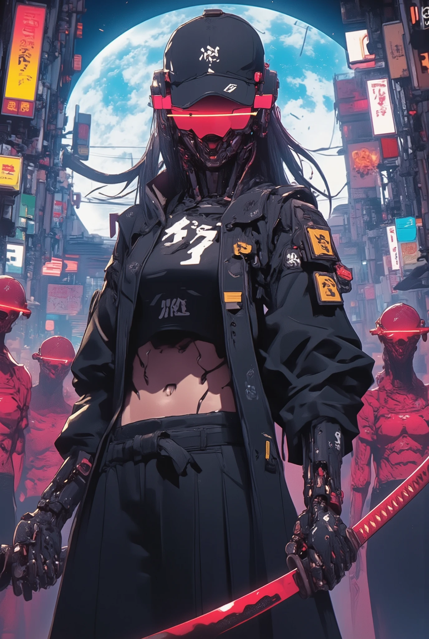 an close up battle sceen from woman with long hair and wearing digital red glasses and black croped top kimono with cyberweres and armors, she fights against several robots in 3D motion perspective view, she is in rage and anger and shouts, She is holding a red cyber katana in her hand with depth of field effect, front of a neon city background with full moon, the camera angle is slightly from bellow, 