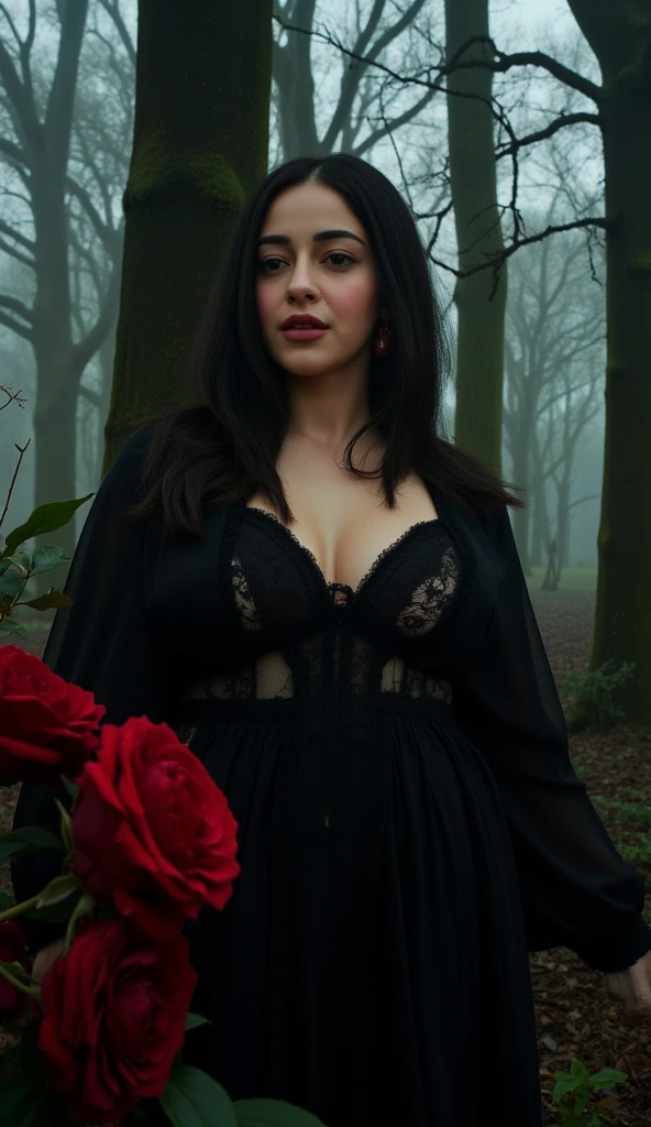 (8k,high resolution,masterpiece:1.2),actual,photo-actual:1.37,devil girl,red corner,Beautiful and delicate eyes,Beautiful and delicate lips,Extremely detailed eyes and face,long eyelashes,Sexy long black hair,fiery red eyes,Wearing a dark flowing robe,Floating in a misty forest under the moonlight,Red eyes penetrate the darkness,The soft and ethereal light illuminates her graceful figure,Subtle shadows dance around her,Red roses surrounded by thorny vines,A sinister yet fascinating presence.,Depicted with dark and dramatic chiaroscuro lighting,Create an unforgettable and charming atmosphere,A clever fusion of traditional oil painting and digital art,evoke a sense of mystery and,Perfectly capturing the duality of beauty and darkness in the enchantress,lace robe，bathrobe,Lace lingerie