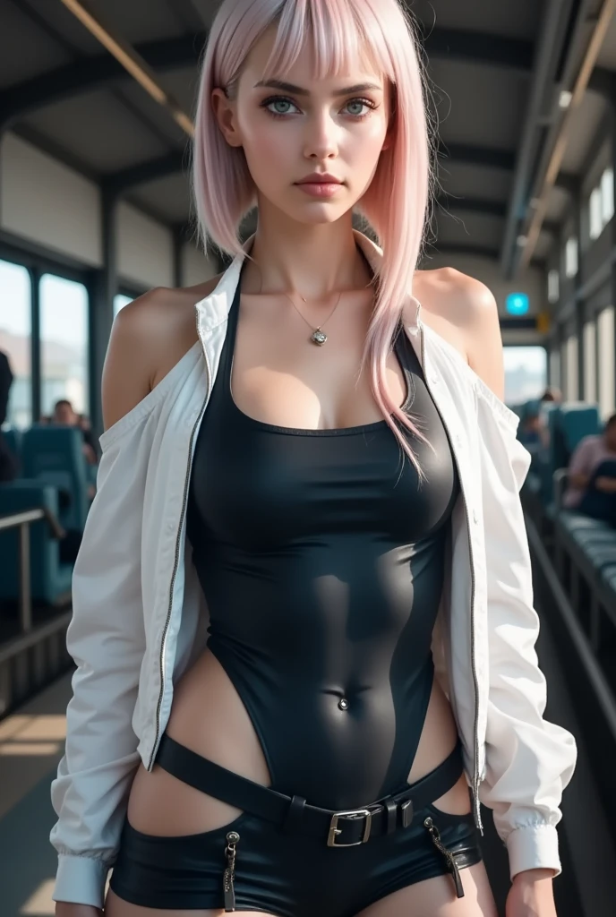 "Ultra high resolution, UHD, Ultra-detailed, hyper-realistic skin texture, high-quality rendering, Photorealistic portrait ,lucynova” standing in a train station, no lipstick , natural pink lips 