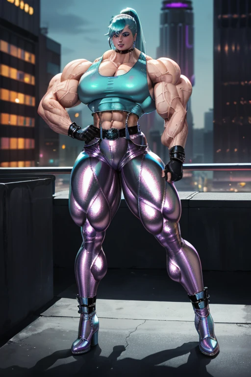 (((((Massive, tall, beautiful, light brown skinned, buff, muscular woman with white hair, ginormous bulky muscles, standing next to her race car and wearing a white racer suit with race gloves and pants))))), (close view), (massive muscle), massive biceps, hyper muscle shoulders, vascular shoulders, hyper muscle triceps, (long straight hair), blue eyes, (wristbands), choker, sneakers, (in a racetrack), confident smile, night, hyper vascular arm, hyper muscles arms, hyper muscle legs, massive arms.