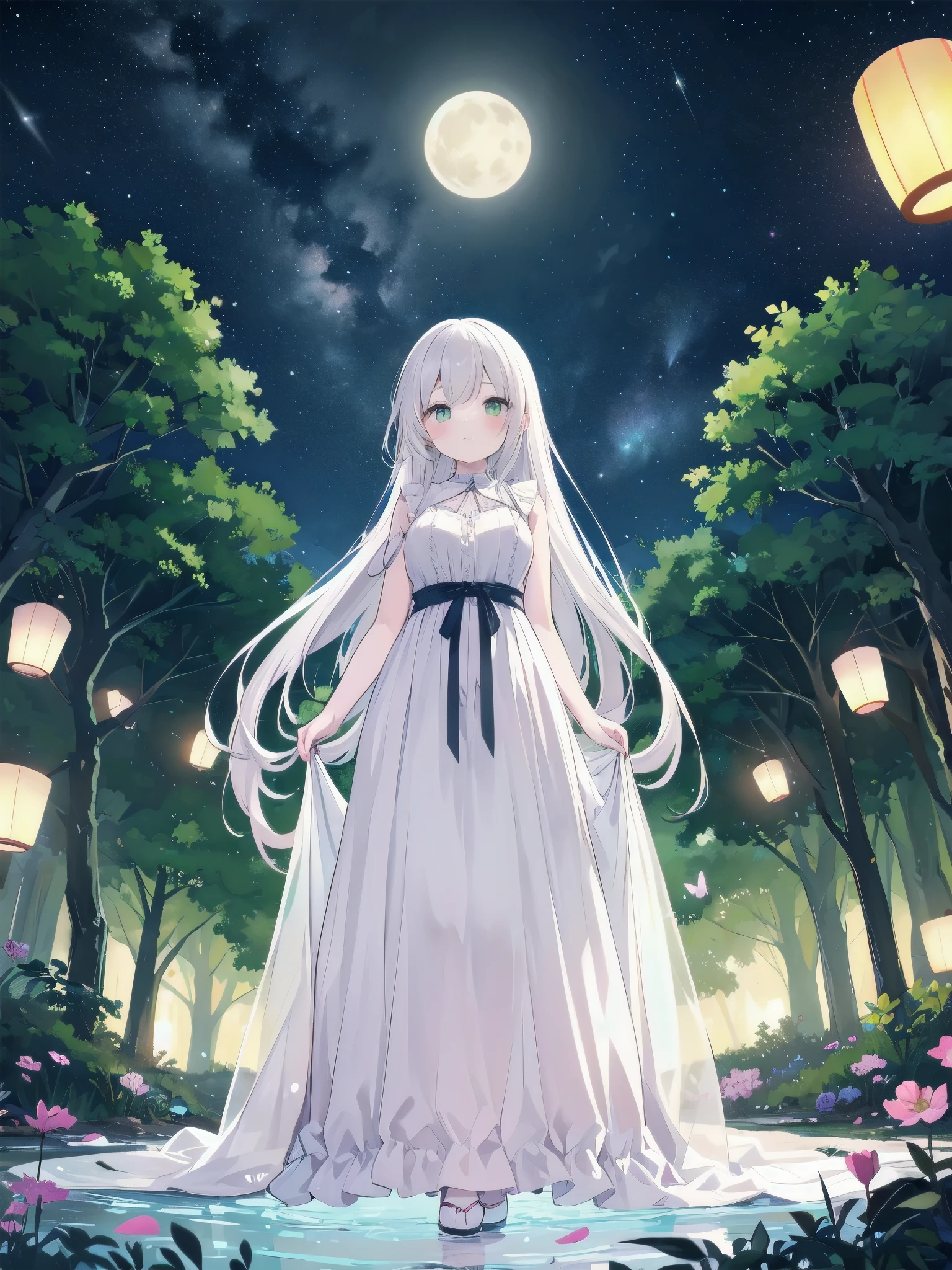 Ultra-high-resolution, magical atmosphere, vibrant colors, dynamic lighting. BREAK Girl with long silver hair, emerald eyes, in gown of leaves and flowers. Standing on giant tree branch over mystical forest with floating lanterns, glowing butterflies. Fantastical night sky with stars, large moon. Wide-angle shot, soft luminescent lighting, dreamy effects
