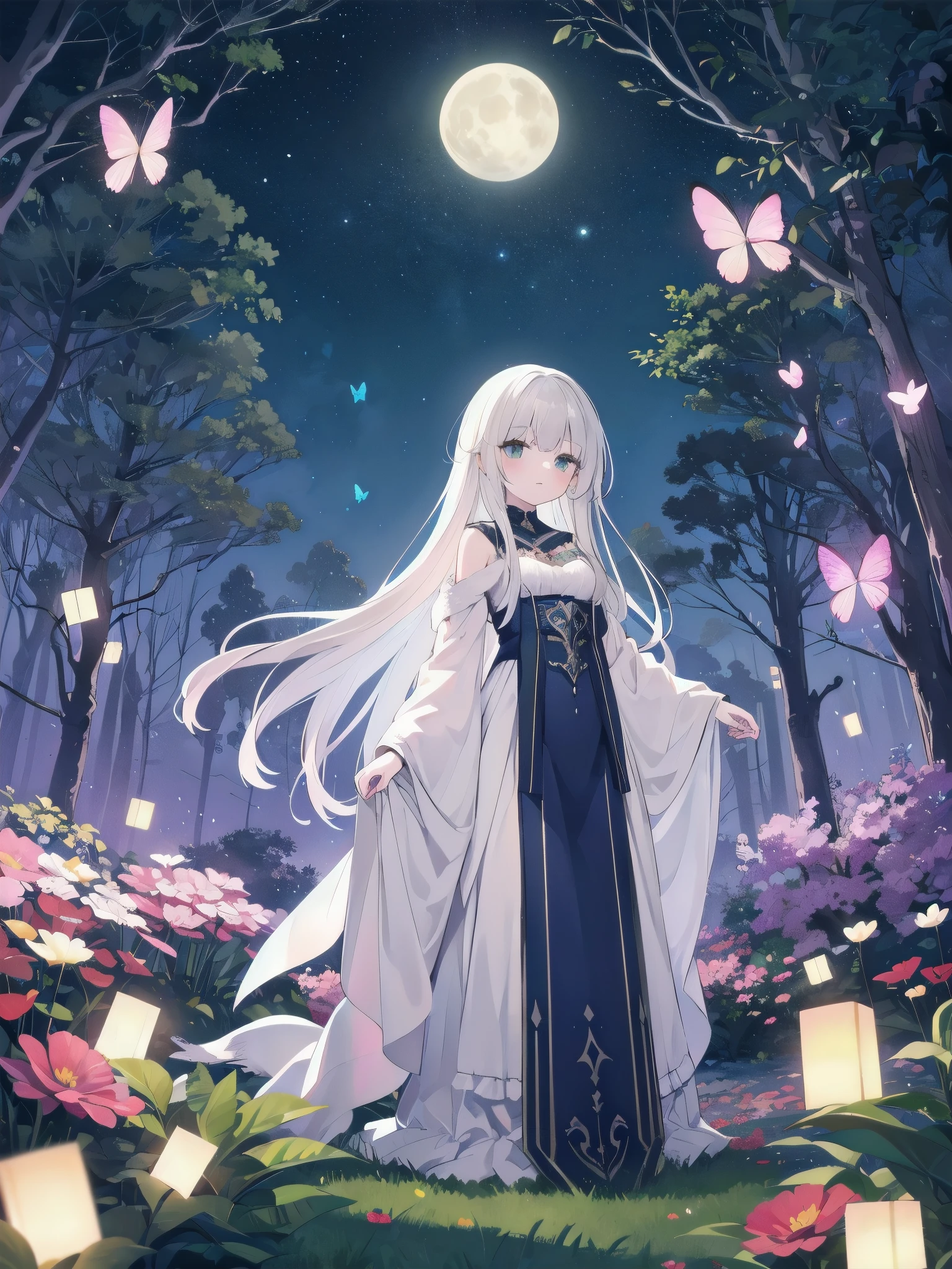 Ultra-high-resolution, magical atmosphere, vibrant colors, dynamic lighting. BREAK Girl with long silver hair, emerald eyes, in gown of leaves and flowers. Standing on giant tree branch over mystical forest with floating lanterns, glowing butterflies. Fantastical night sky with stars, large moon. Wide-angle shot, soft luminescent lighting, dreamy effects
