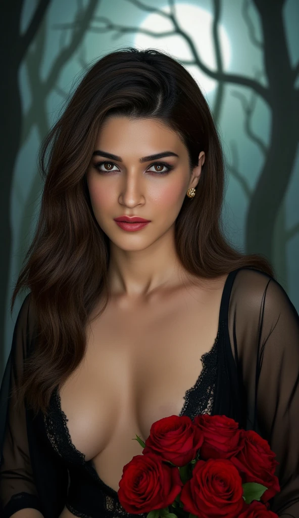 (8k,high resolution,masterpiece:1.2),actual,photo-actual:1.37,devil girl,red corner,Beautiful and delicate eyes,Beautiful and delicate lips,Extremely detailed eyes and face,long eyelashes,Sexy long black hair,fiery red eyes,Wearing a dark flowing robe,Floating in a misty forest under the moonlight,Red eyes penetrate the darkness,The soft and ethereal light illuminates her graceful figure,Subtle shadows dance around her,Red roses surrounded by thorny vines,A sinister yet fascinating presence.,Depicted with dark and dramatic chiaroscuro lighting,Create an unforgettable and charming atmosphere,A clever fusion of traditional oil painting and digital art,evoke a sense of mystery and,Perfectly capturing the duality of beauty and darkness in the enchantress,lace robe，bathrobe,Lace lingerie