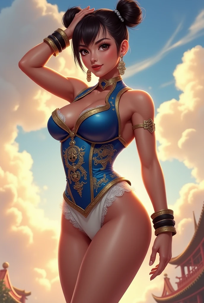((Photorealistic, realistic, ultra-detailed, oficial, best quality)), a woman ((beautiful,red lipstick, 18 years old, chun-li, big-huge breasts, sexy girl)), (( blue  transparente  lingerie)), thighs, blush 