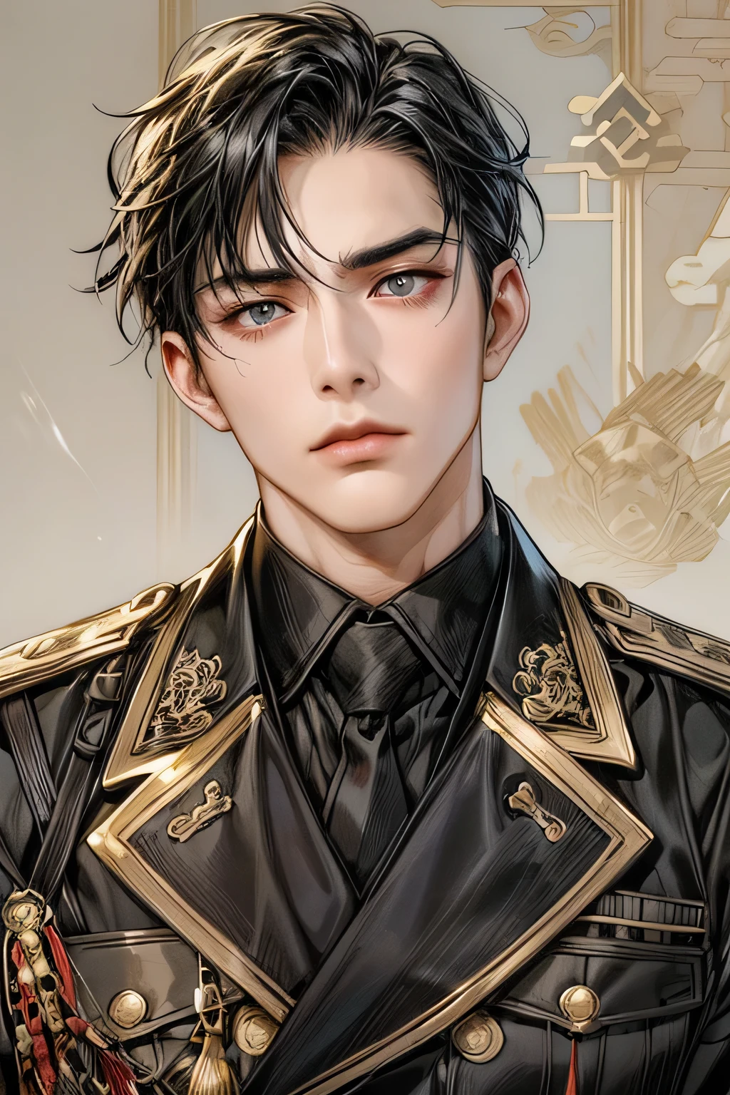 black hair,  black pupils ,Single, Handsome(28 years old,tall and straight,Wide Shoulder Narrow Waist , Eyebrow ,）,The buttonhole on the chest of the oil head ,（period：Chinese New Year ）（Warlord ） split lens , illustration,  Anime Style,  Surrealist Detail Painting, Line Explicit ,Bright,  high resolution, Precise,  high detail,  Very detailed ,  Textured Skin , Background Trial Room 審訊室背景