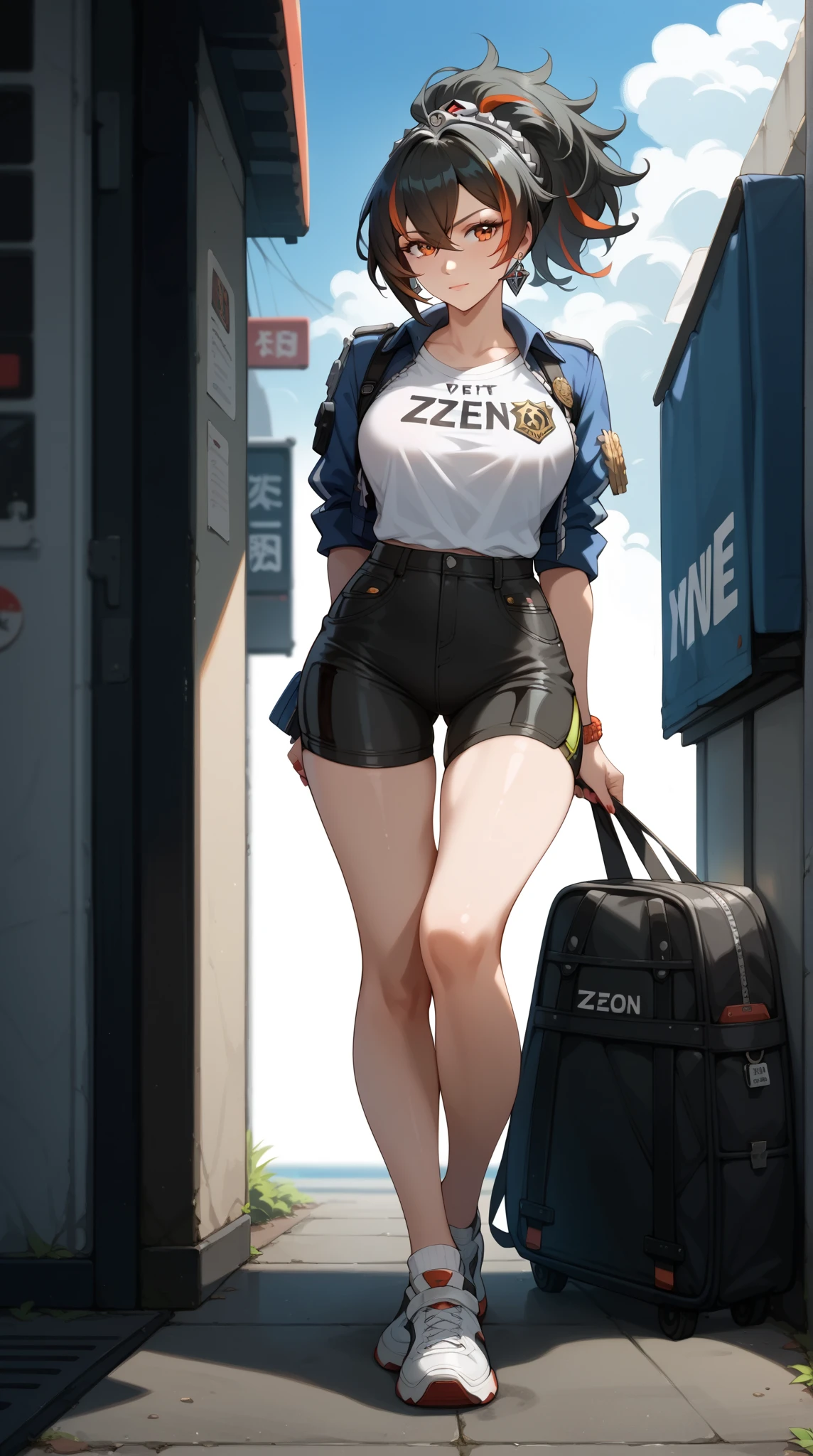 ((best quality)),white wall baground, masterpiece,full-body,stand up,nsfw,Zhu Yuan from Zenless Zone Zero, with ponytail hair featuring black hair, STREAKED HAIR AT THE MIDDLE HAIR. Perfect body ,large breasts, looking at viewer,sad eyes,smile,tsundere, ((white slimfit tshirt)),mini black skirt, arms behind back, long beauty legs,front look