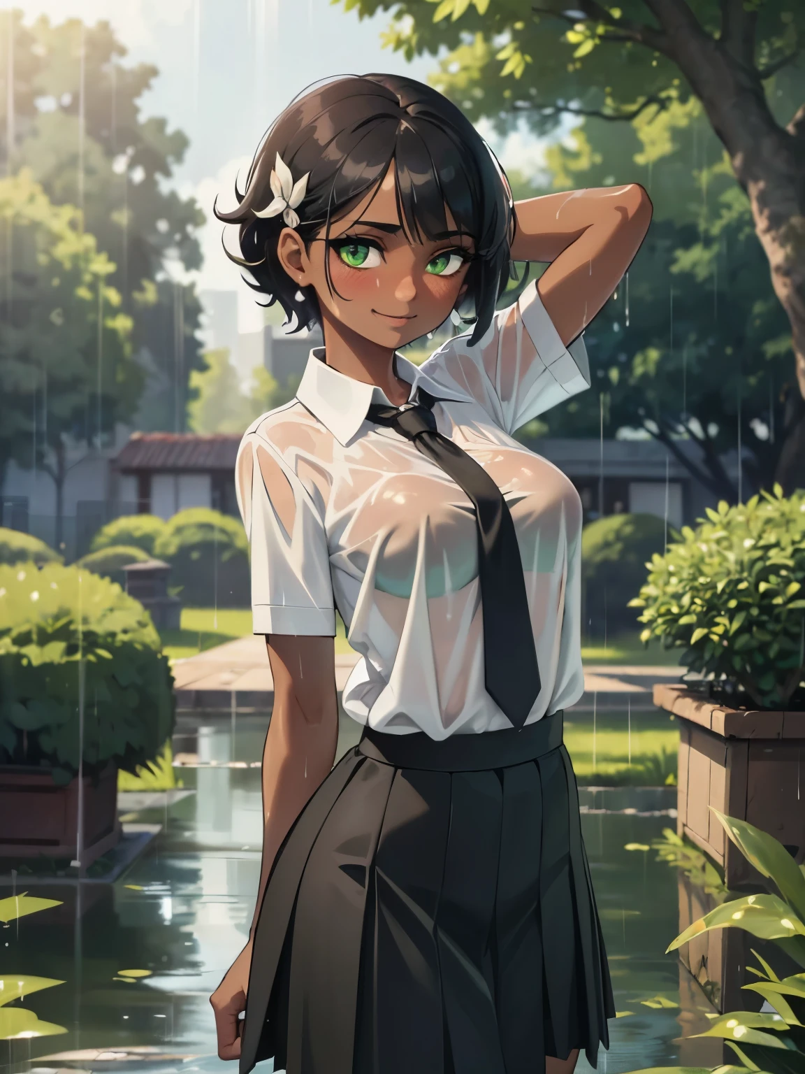 ( masterpiece , Arte oficial), 1 girl,  black hair,  green eyes, hair ornament, Nidalee , collect, ( dark skin), ( school uniform), (camisa blanca), (tie), (skirt), (wet), (), (limelight), (pechos grandes), rain, looking at the spectator, smile,  seductive, blush,  attractive outfit , (limelight), ( hands behind the head), (),  short hair