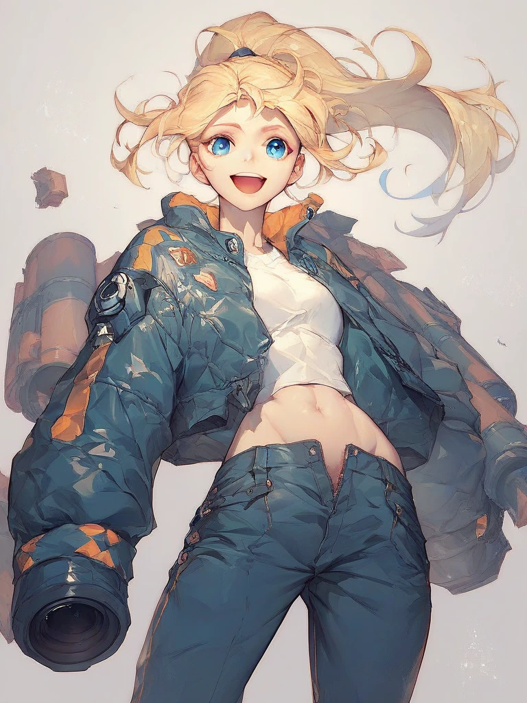 Score_5_high,
 1 girl, Alone,  standing, jacket blauen With a Zip Body, Arm cannon , goals,  langes Haar, blonde hair,  ponytail,  blue eyes ,  covered belly button, smile,  Open Mouth 