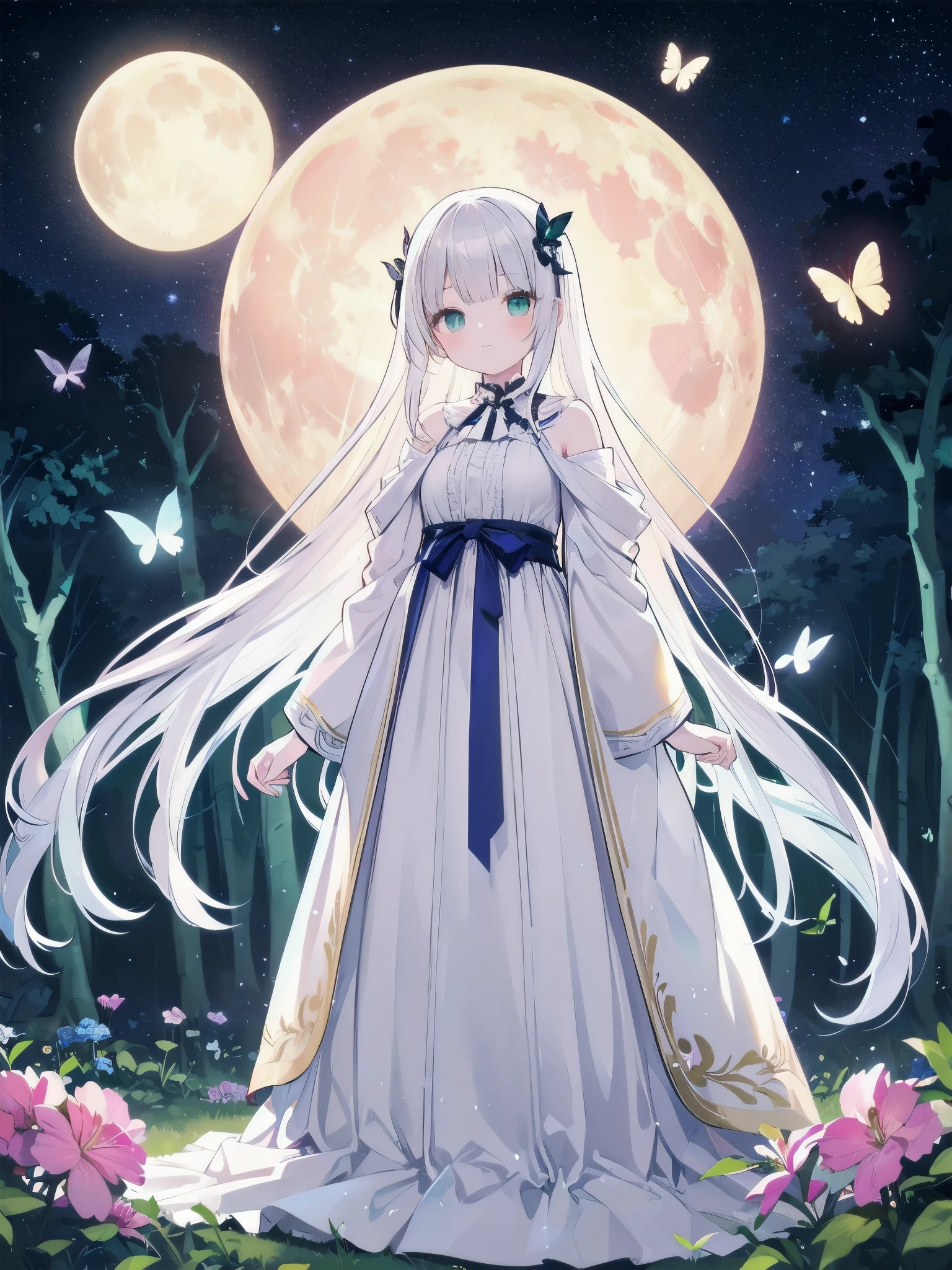 Ultra-high-resolution, magical atmosphere, vibrant colors, dynamic lighting. BREAK Girl with long silver hair, emerald eyes, in gown of leaves and flowers. Standing on giant tree branch over mystical forest with floating lanterns, glowing butterflies. Fantastical night sky with stars, large moon. Wide-angle shot, soft luminescent lighting, dreamy effects
