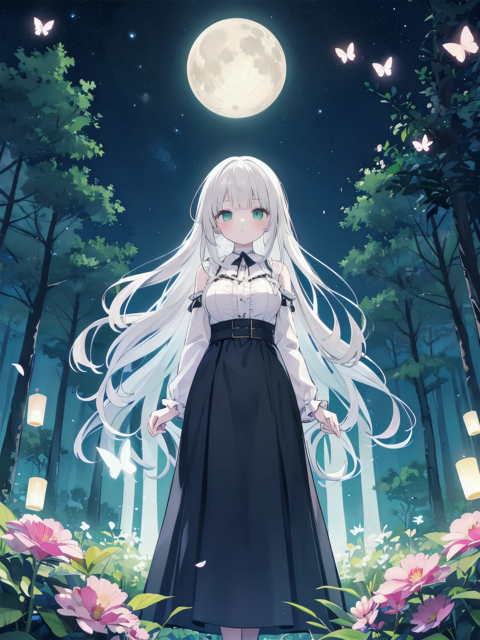 Ultra-high-resolution, magical atmosphere, vibrant colors, dynamic lighting. BREAK Girl with long silver hair, emerald eyes, in gown of leaves and flowers. Standing on giant tree branch over mystical forest with floating lanterns, glowing butterflies. Fantastical night sky with stars, large moon. Wide-angle shot, soft luminescent lighting, dreamy effects
