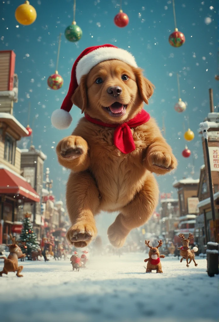  There is a huge cool puppy in a miniature world、Santa hat、 Cute Christmas Scene 、 Miniature-sized reindeer 、 Rolling Ornaments Colorful Balls、 Pop Music、 fairy tale、Delicious Biscuit Town 、 Snow Is Sparkling 、Big Signs Speak 、sing、Fine expression 、 soft gentle expression 、DYNAMIC PUPPY FACE 、 happy surreal scene creating a fun atmosphere