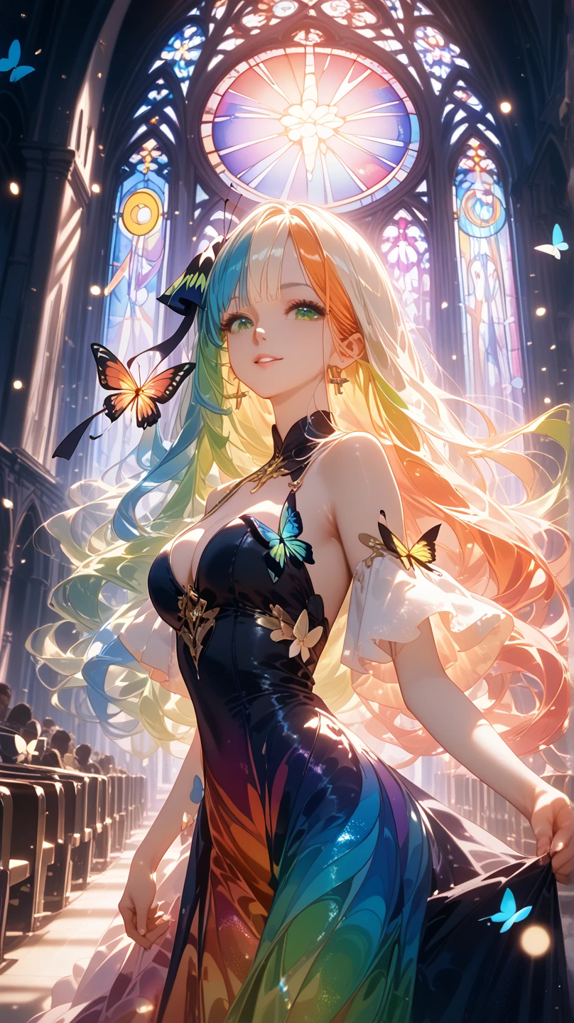 1girl, masterpiece, extremly detailed, (beautiful detailed glow), lens flare, multicolored hair, rainbow hair, long hair, multicolored dress, butterfly hair ornament, butterflies, (light particles), Arms behind back, large breasts, [curvy], cowboy shot, light smile, green eyes, church, stained glass, spotlight, dark background, floating hair, floating hair, looking at viewer,((colorful)),