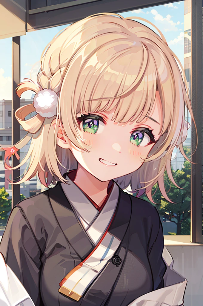 (masterpiece, best quality, highres, absurdres, best illumination, illustration, bright pupils,  finely detailed beautiful eyes, disheveled hair),   lighting on face, shiny_face, best_lighting, front_lighting,  ((colorful theme)),  dutch angle, white wall,  arms down, city,  cherry blossoms, from bottom, outdoors,  1girl, cityscape,
shigure ui \(vtuber\),  pom_pom_hair_rings, smirk, Japanese clothes, kimono, furisode, medium_breasts, full_body, short_hair,  floral print, portrait