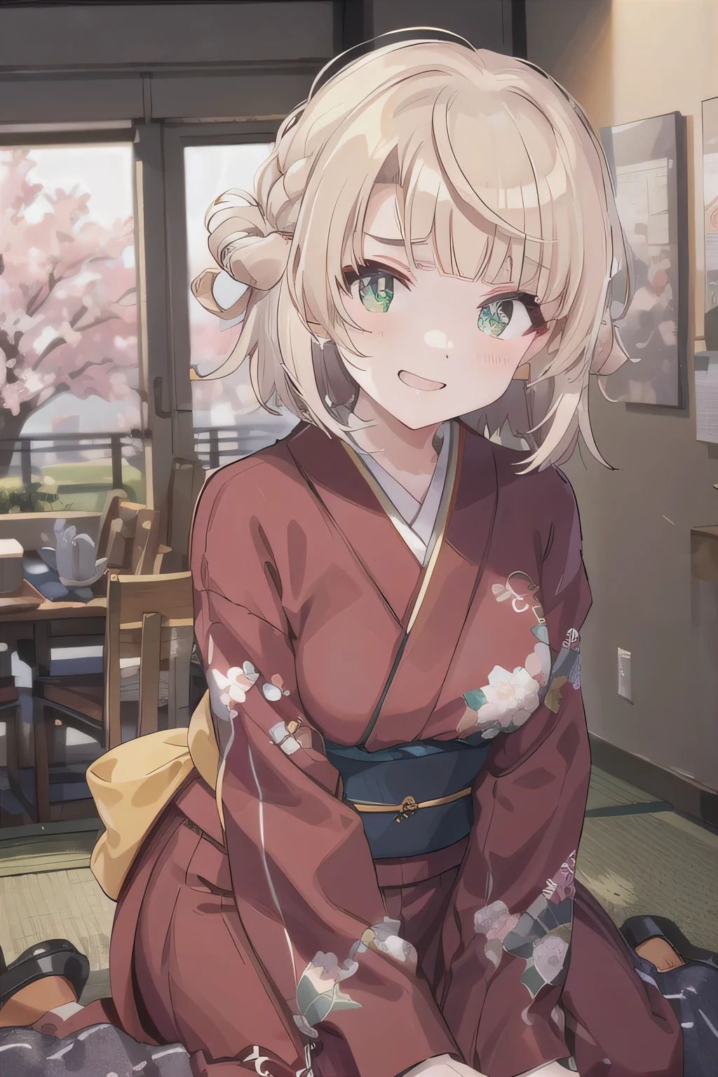 (masterpiece, best quality, highres, absurdres, best illumination, illustration, bright pupils,  finely detailed beautiful eyes, disheveled hair),   lighting on face, shiny_face, best_lighting, front_lighting,  ((colorful theme)),  dutch angle, white wall,  arms down, city,  cherry blossoms, from bottom, outdoors,  1girl, cityscape,
shigure ui \(vtuber\),  pom_pom_hair_rings, smirk, Japanese clothes, kimono, furisode, medium_breasts, full_body, short_hair,  floral print, portrait