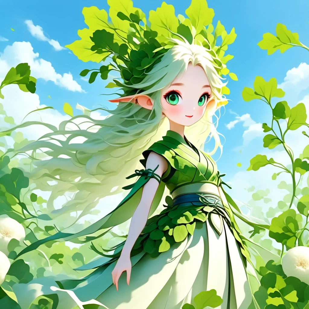 (  Masterpiece ,  best quality:1.2),  1 daikon lady , Warrior, cute, cute,  elven pointed ears , Alone, whole body, A strong smile, Green big eyes, Green leaves long hair , bangs, pointy ears, Pure white skin,  wears green daikon leaves as costumes,  has a long sword that imitates Japanese daikon ,  blue sky