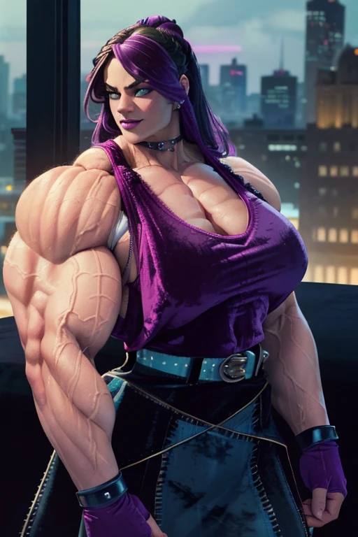 (((((Massive tall beautiful, buff, pale white skinned muscular woman with violet purple hair, black lipstick, ginormous bulky muscles and wearing a violet long sleeve turtleneck sweater and beautiful denim shorts))))), ((close view)), (massive muscles), massive biceps, hyper muscle shoulders, hyper muscle triceps, (long hair with long bangs), black eyes, (((violet purple long sleeve turtleneck sweater))), ((beautiful denim shorts)), (socks and sneakers), (sensual smile), (in a cabin at night), hyper muscles arms, hyper muscle legs, massive arms