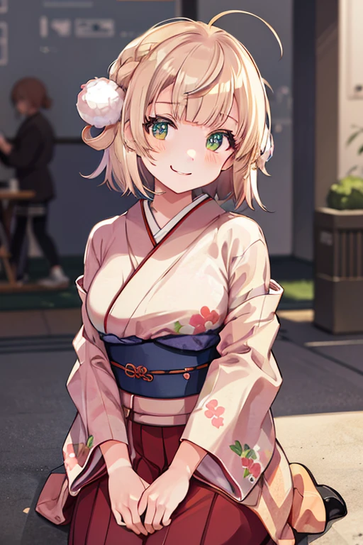 (masterpiece, best quality, highres, absurdres, best illumination, illustration, bright pupils,  finely detailed beautiful eyes, disheveled hair),   lighting on face, shiny_face, best_lighting, front_lighting,  ((colorful theme)),  dutch angle, white wall,  arms down, city,  cherry blossoms, from bottom, outdoors,  1girl, cityscape,
shigure ui \(vtuber\),  pom_pom_hair_rings, smirk, Japanese clothes, kimono, furisode, medium_breasts, full_body, short_hair,  floral print, portrait