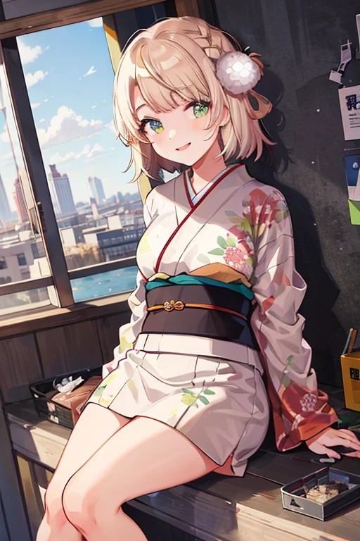 (masterpiece, best quality, highres, absurdres, best illumination, illustration, bright pupils,  finely detailed beautiful eyes, disheveled hair),   lighting on face, shiny_face, best_lighting, front_lighting,  ((colorful theme)),  dutch angle, white wall,  arms down, city,  cherry blossoms, from bottom, outdoors,  1girl, cityscape,
shigure ui \(vtuber\),  pom_pom_hair_rings, smirk, Japanese clothes, kimono, furisode, medium_breasts, full_body, short_hair,  floral print, portrait