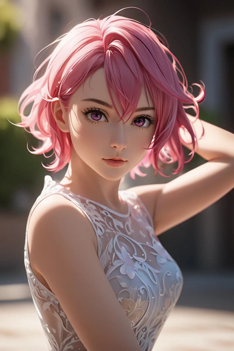 Masterpiece, top quality, ultra detail, beautiful detail, depth of field, dynamic angle, 8k wallpaper, portrait, best light and shadow quality, 4k, 8k, CG, fine details, blurry background, contemporary, transparent dress, beautiful eyes, beautiful splashes, Aira Shiratori Beautiful, Asymmetrical left curly short hair, Acrobatic pose, Stupid hair, Pink hair, Pink eyes, Big tits, Cowboy shot