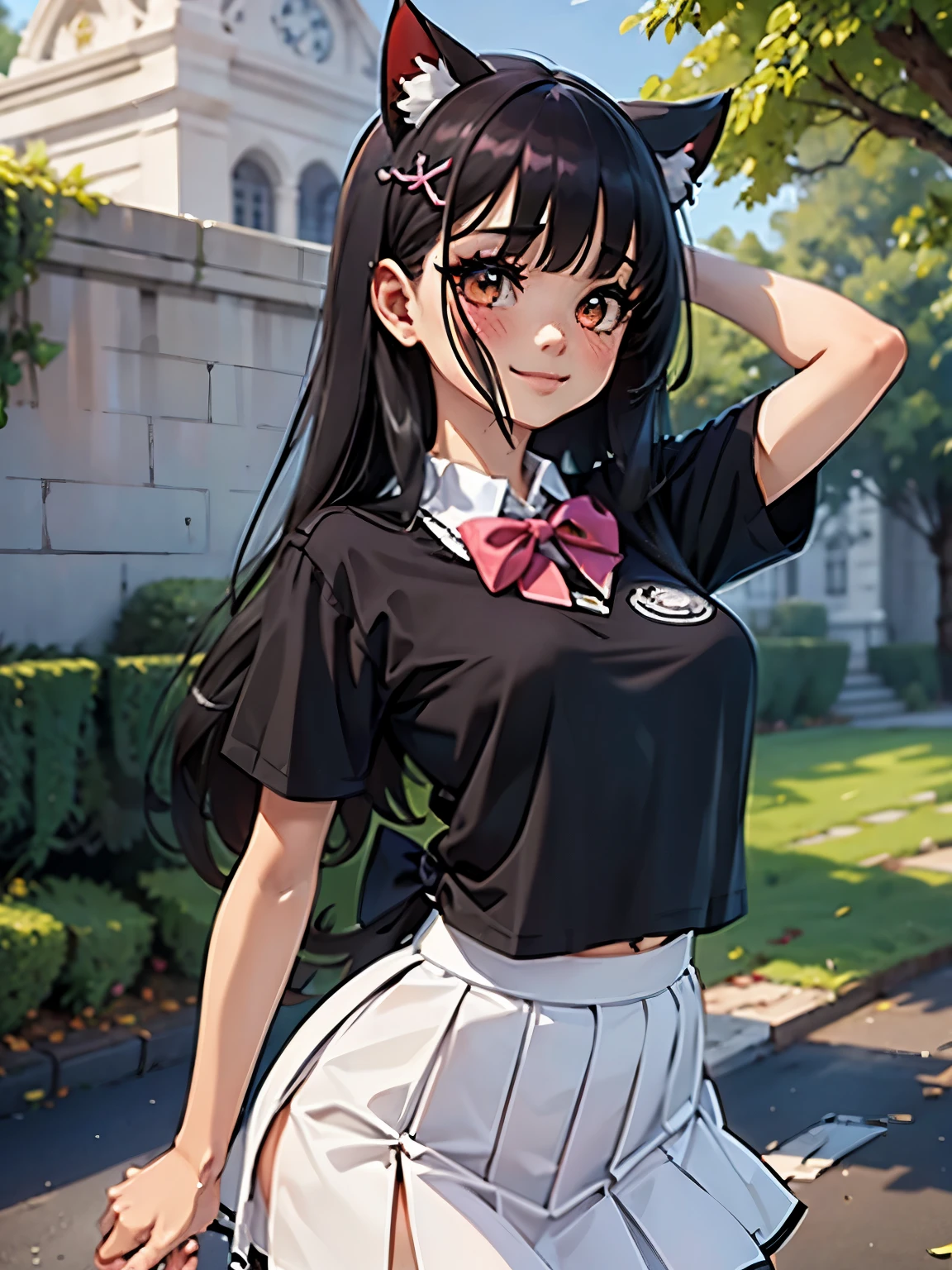 ( masterpiece , Arte oficial), 1 girl junkotvv,  black hair, Ojos rojos, hair ornament, straight bangs , cat ears,  ( school uniform), (camisa blanca), (tie), (skirt), (wet), (), (limelight), (pechos grandes), rain, looking at the spectator, smile,  seductive, blush,  attractive outfit , (limelight), ( hands behind the head), (),  long hair 