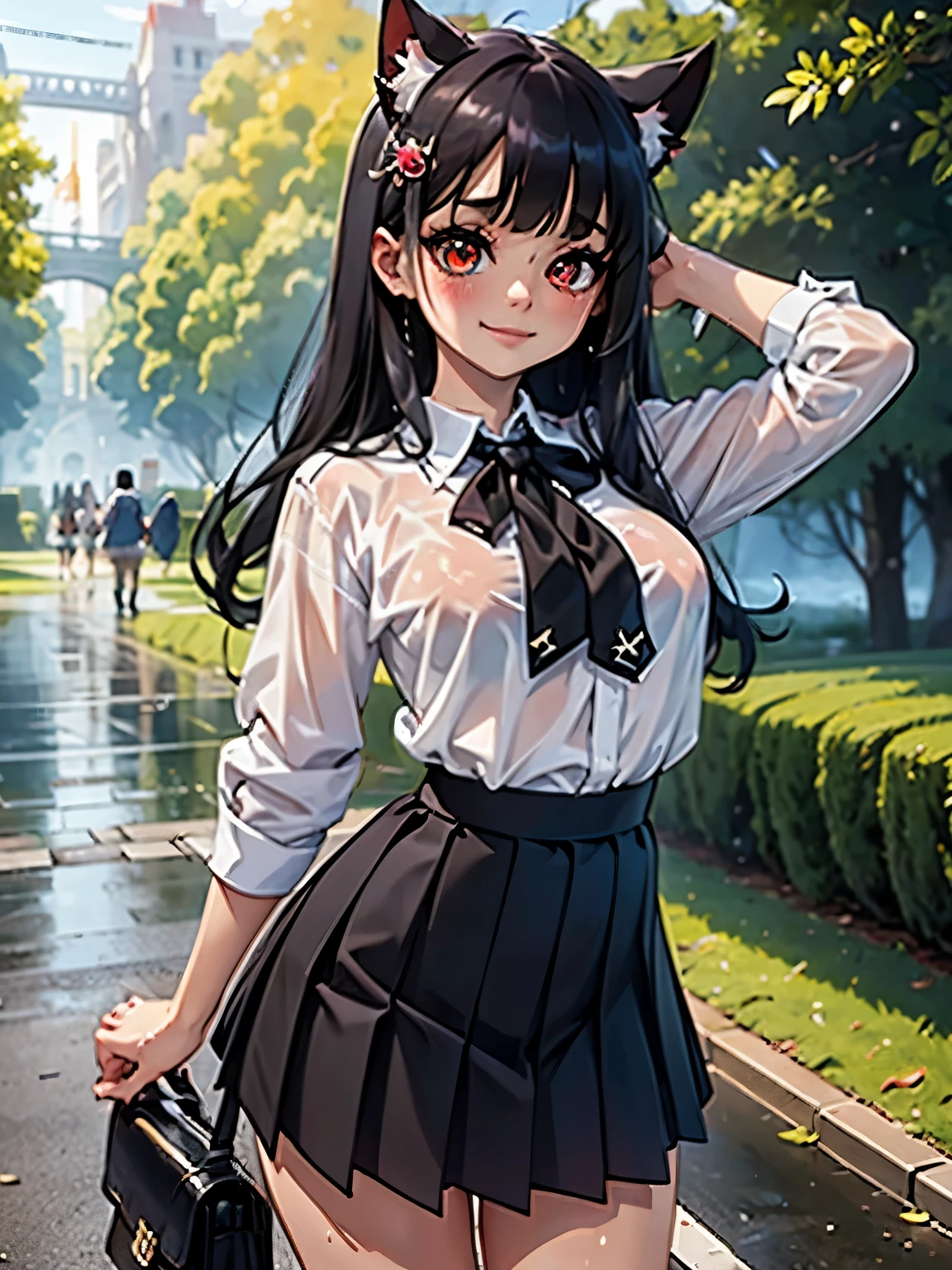 ( masterpiece , Arte oficial), 1 girl junkotvv,  black hair, Ojos rojos, hair ornament, straight bangs , cat ears,  ( school uniform), (camisa blanca), (tie), (skirt), (wet), (), (limelight), (pechos grandes), rain, looking at the spectator, smile,  seductive, blush,  attractive outfit , (limelight), ( hands behind the head), (),  long hair 