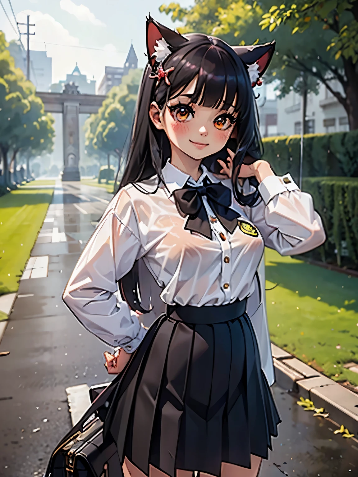 ( masterpiece , Arte oficial), 1 girl junkotvv,  black hair, Ojos rojos, hair ornament, straight bangs , cat ears,  ( school uniform), (camisa blanca), (tie), (skirt), (wet), (), (limelight), (pechos grandes), rain, looking at the spectator, smile,  seductive, blush,  attractive outfit , (limelight), ( hands behind the head), (),  long hair 