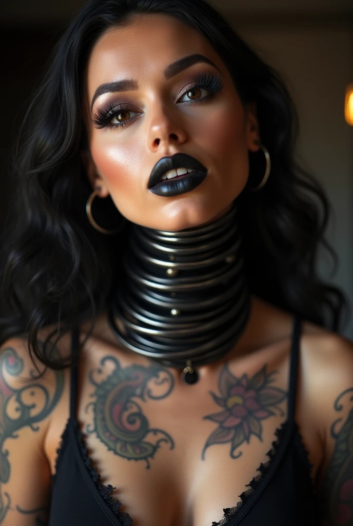 Hyper photo realistic sexy seductive Hr giger tattoos on girl model, sexy seductive beautiful face, hr giger tattooed face, smooth white skin, thin curved black eyebrows, Black eyeliner, dark black eye shadow, Florescent multicolored eyes, sexy seductive eyes, thick black lipstick, curved lips, extremely detailed long black wavy hair, vibrant red highlights, earrings, lip piercings, choker collar with chains, ((complete fullbody)), larg voluptuous breast, detailed small perky nipples, tattooed breast, hr giger tattooed Sternum underboob, hr giger tattooed stomach, slim waist, toned hips, toned thighs, tattooed back, tattooed hips, teenage vagina, perfect pussy, thick toned ass. Hr giger tattooed vagina, hr giger tattooed ass, exotic fishnet, full body portrait 